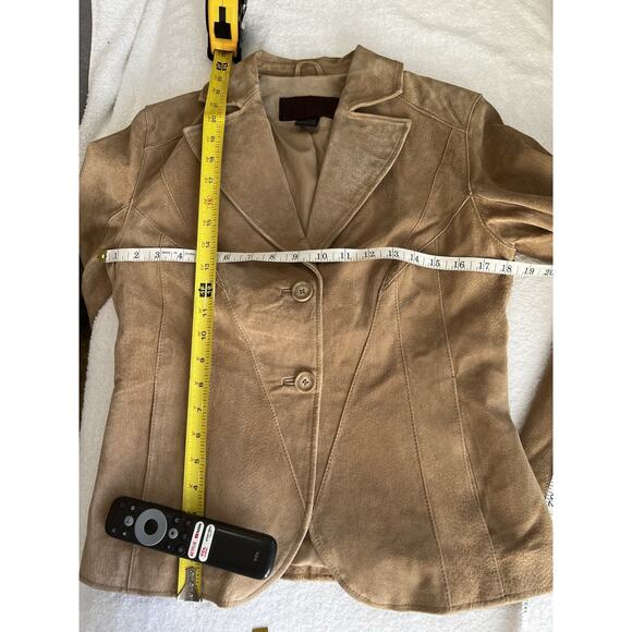 Women's 90s Suede leather Jacket Blazer Tan Beige feminine stitch detail Sz-4 - Picture 8 of 8